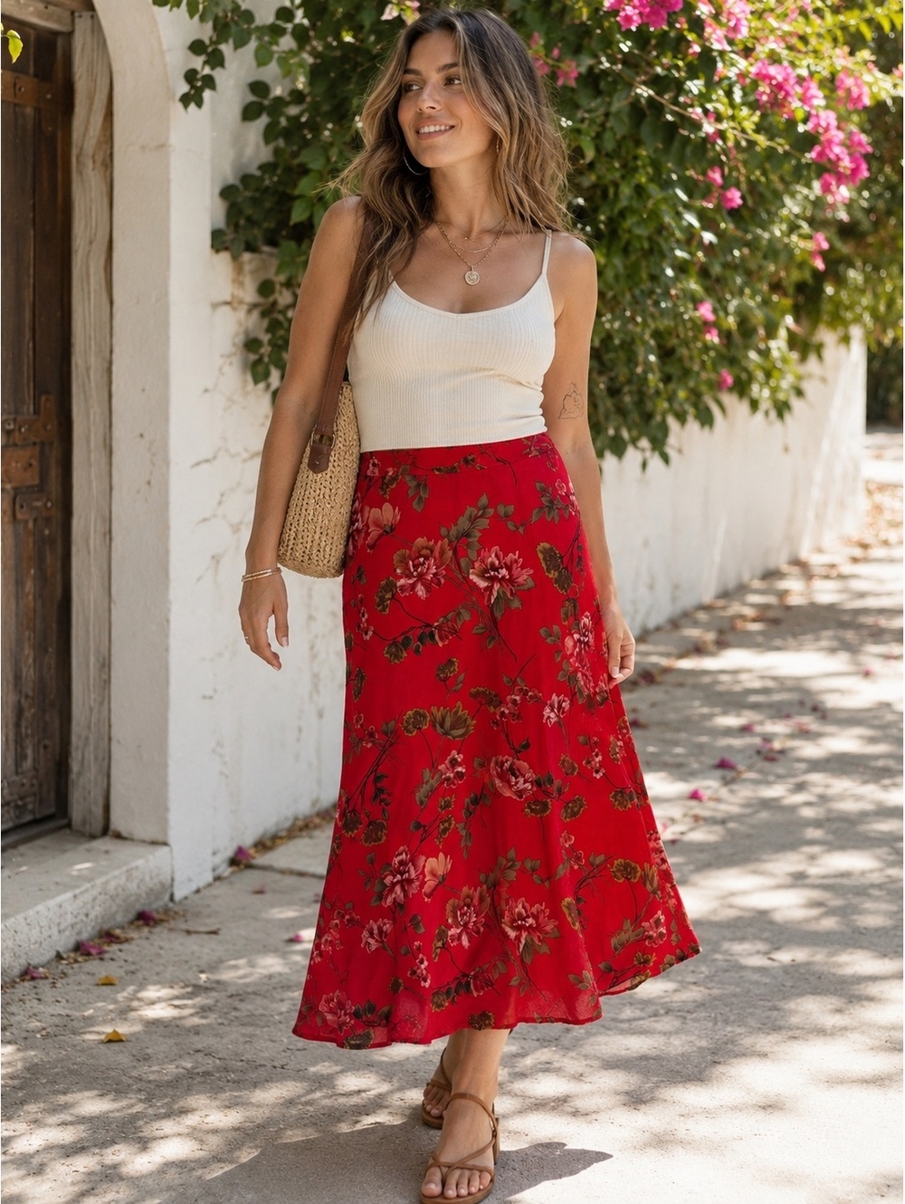 Red Floral Bias Cut Midi Skirt Rayon Cottagecore Romantic Size 10